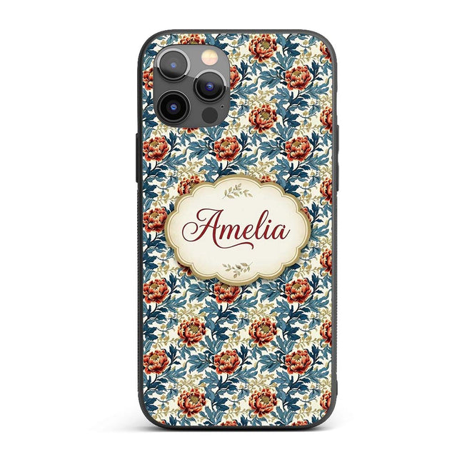 Red Floral Blossoms with Blue Leaves Vintage Custom Name Protective Phone Case Mobile Cover Durable Everyday Smartphone Shock Resistant