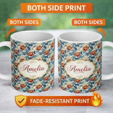 Personalized Custom Name Red Floral Blossoms with Blue Leaves Vintage Style Seamless Pattern 11oz Ceramic Coffee Tea Mug White Large Handle