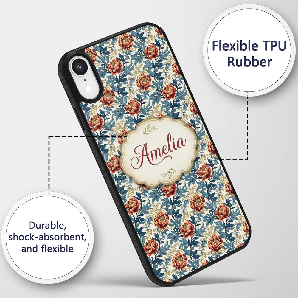Red Floral Blossoms with Blue Leaves Vintage Custom Name Protective Phone Case Mobile Cover Durable Everyday Smartphone Shock Resistant