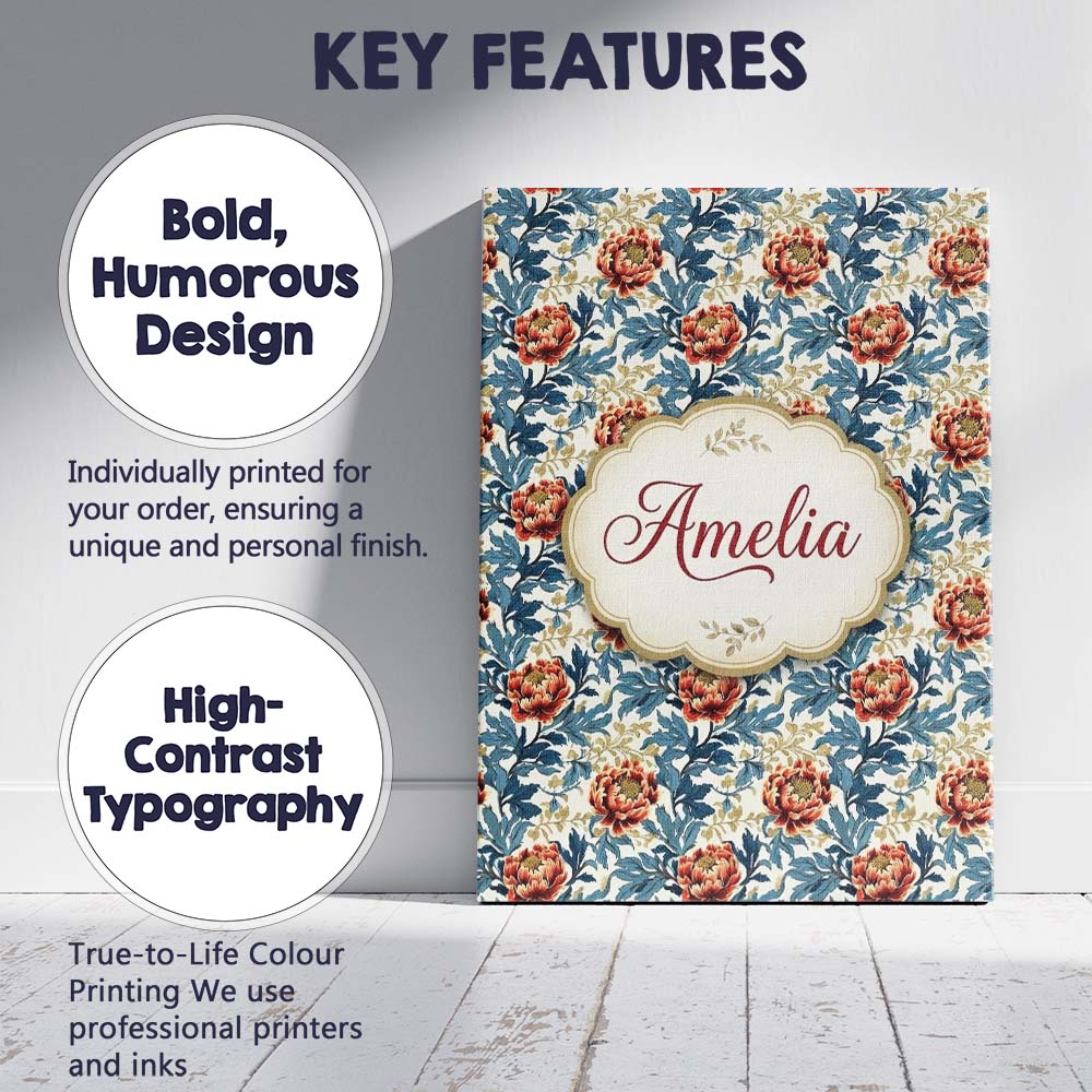 Personalised Name Red Floral Blossoms with Custom  Unique Gift Idea Elegant Feature Canvas Wall Art Print Decor Picture Ready to Hang