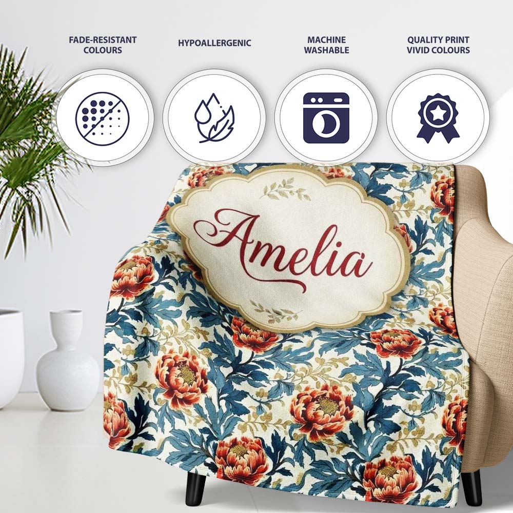 Red Floral Blossoms with Blue Leaves Vintage Style Seamless Pattern  Personalised Custom Name Super Soft Fleece Blanket Bed Sofa Throw