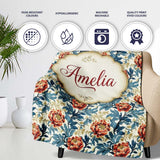 Red Floral Blossoms with Blue Leaves Vintage Style Seamless Pattern  Personalised Custom Name Super Soft Fleece Blanket Bed Sofa Throw