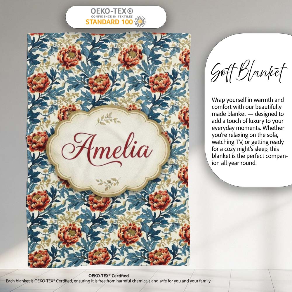 Red Floral Blossoms with Blue Leaves Vintage Style Seamless Pattern  Personalised Custom Name Super Soft Fleece Blanket Bed Sofa Throw