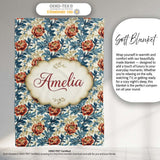 Red Floral Blossoms with Blue Leaves Vintage Style Seamless Pattern  Personalised Custom Name Super Soft Fleece Blanket Bed Sofa Throw