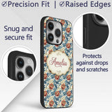 Red Floral Blossoms with Blue Leaves Vintage Custom Name Protective Phone Case Mobile Cover Durable Everyday Smartphone Shock Resistant