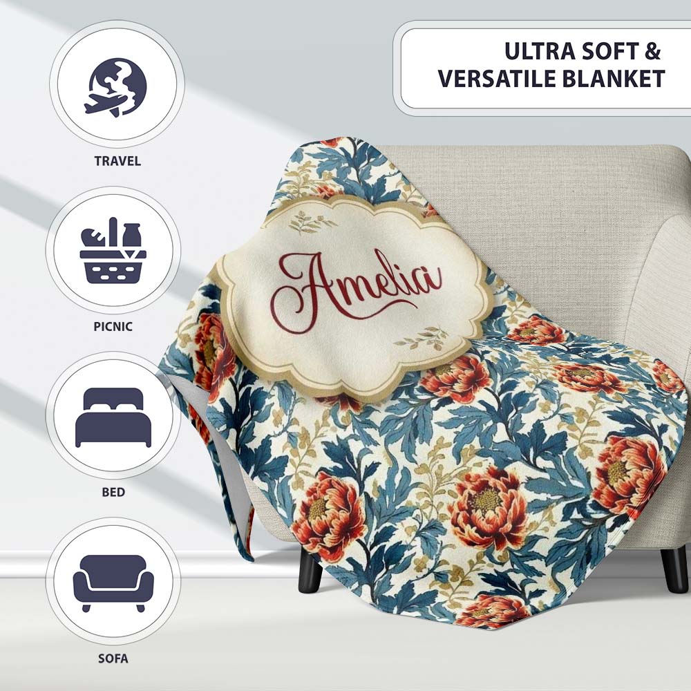 Red Floral Blossoms with Blue Leaves Vintage Style Seamless Pattern  Personalised Custom Name Super Soft Fleece Blanket Bed Sofa Throw