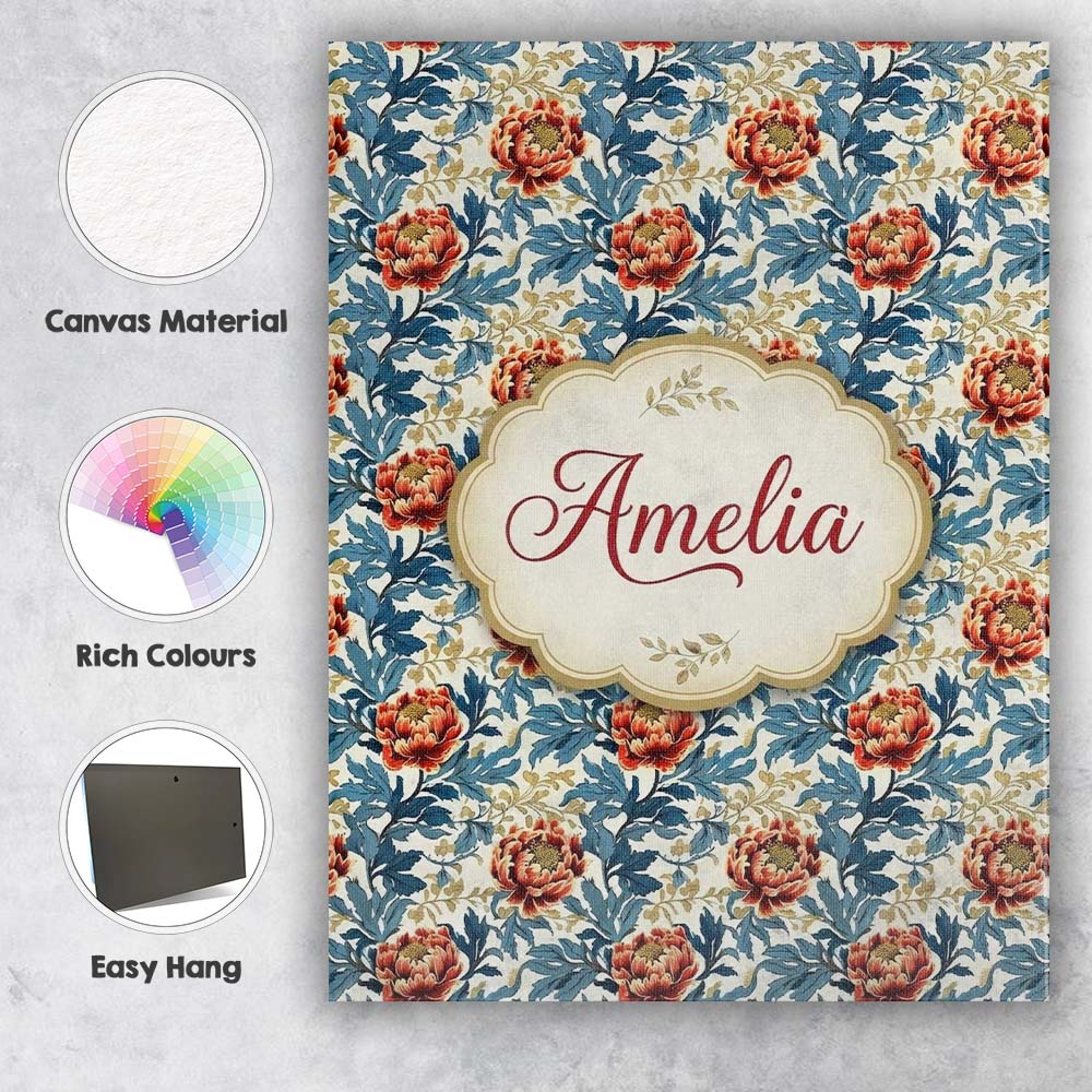 Personalised Name Red Floral Blossoms with Custom  Unique Gift Idea Elegant Feature Canvas Wall Art Print Decor Picture Ready to Hang