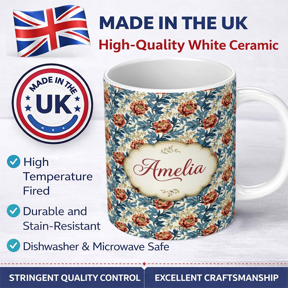 Personalized Custom Name Red Floral Blossoms with Blue Leaves Vintage Style Seamless Pattern 11oz Ceramic Coffee Tea Mug White Large Handle