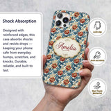 Red Floral Blossoms with Blue Leaves Vintage Custom Name Protective Phone Case Mobile Cover Durable Everyday Smartphone Shock Resistant