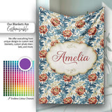 Red Floral Blossoms with Blue Leaves Vintage Style Seamless Pattern  Personalised Custom Name Super Soft Fleece Blanket Bed Sofa Throw