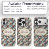 Red Floral Blossoms with Blue Leaves Vintage Custom Name Protective Phone Case Mobile Cover Durable Everyday Smartphone Shock Resistant