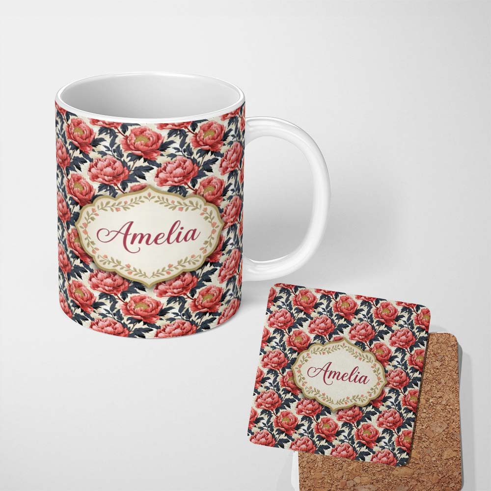 Personalized Custom Name Coral Red Peony Flowers with Dark Leaves Seamless Pattern Custom 11oz Ceramic Coffee Tea Mug White Large Handle