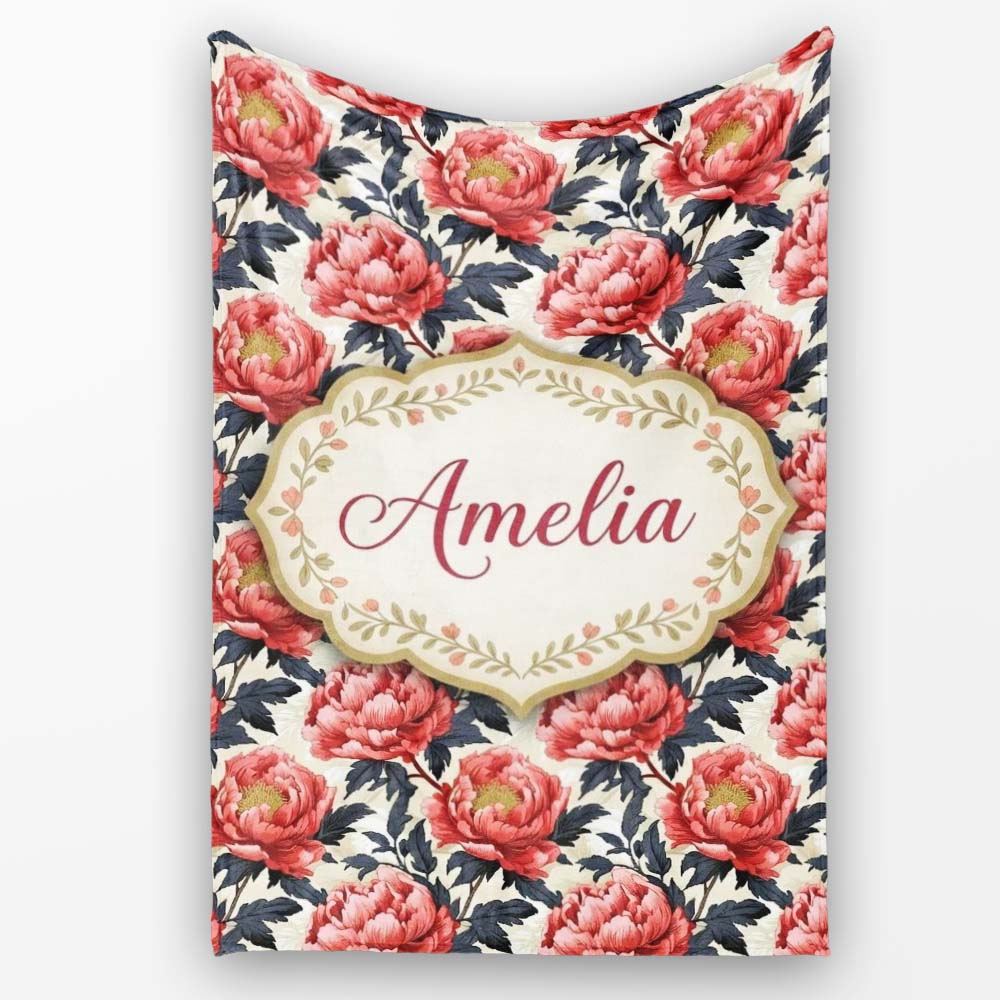 Coral Red Peony Flowers with Dark Leaves Seamless Pattern Custom  Personalised Custom Name Super Soft Fleece Blanket Bed Sofa Throw