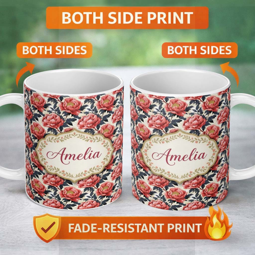 Personalized Custom Name Coral Red Peony Flowers with Dark Leaves Seamless Pattern Custom 11oz Ceramic Coffee Tea Mug White Large Handle