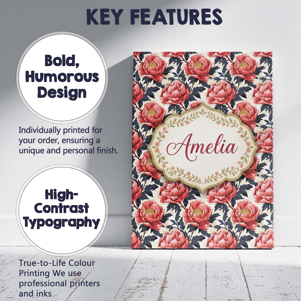 Personalised Name Coral Red Peony Flowers Custom  Unique Gift Idea Elegant Feature Canvas Wall Art Print Decor Picture Ready to Hang