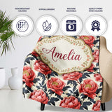 Coral Red Peony Flowers with Dark Leaves Seamless Pattern Custom  Personalised Custom Name Super Soft Fleece Blanket Bed Sofa Throw