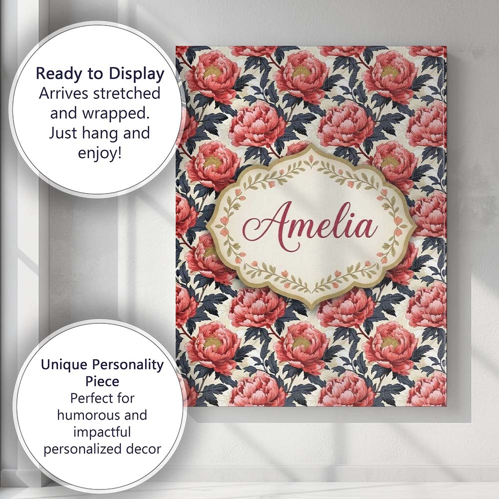 Personalised Name Coral Red Peony Flowers Custom  Unique Gift Idea Elegant Feature Canvas Wall Art Print Decor Picture Ready to Hang