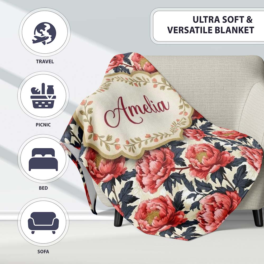 Coral Red Peony Flowers with Dark Leaves Seamless Pattern Custom  Personalised Custom Name Super Soft Fleece Blanket Bed Sofa Throw