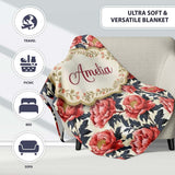 Coral Red Peony Flowers with Dark Leaves Seamless Pattern Custom  Personalised Custom Name Super Soft Fleece Blanket Bed Sofa Throw