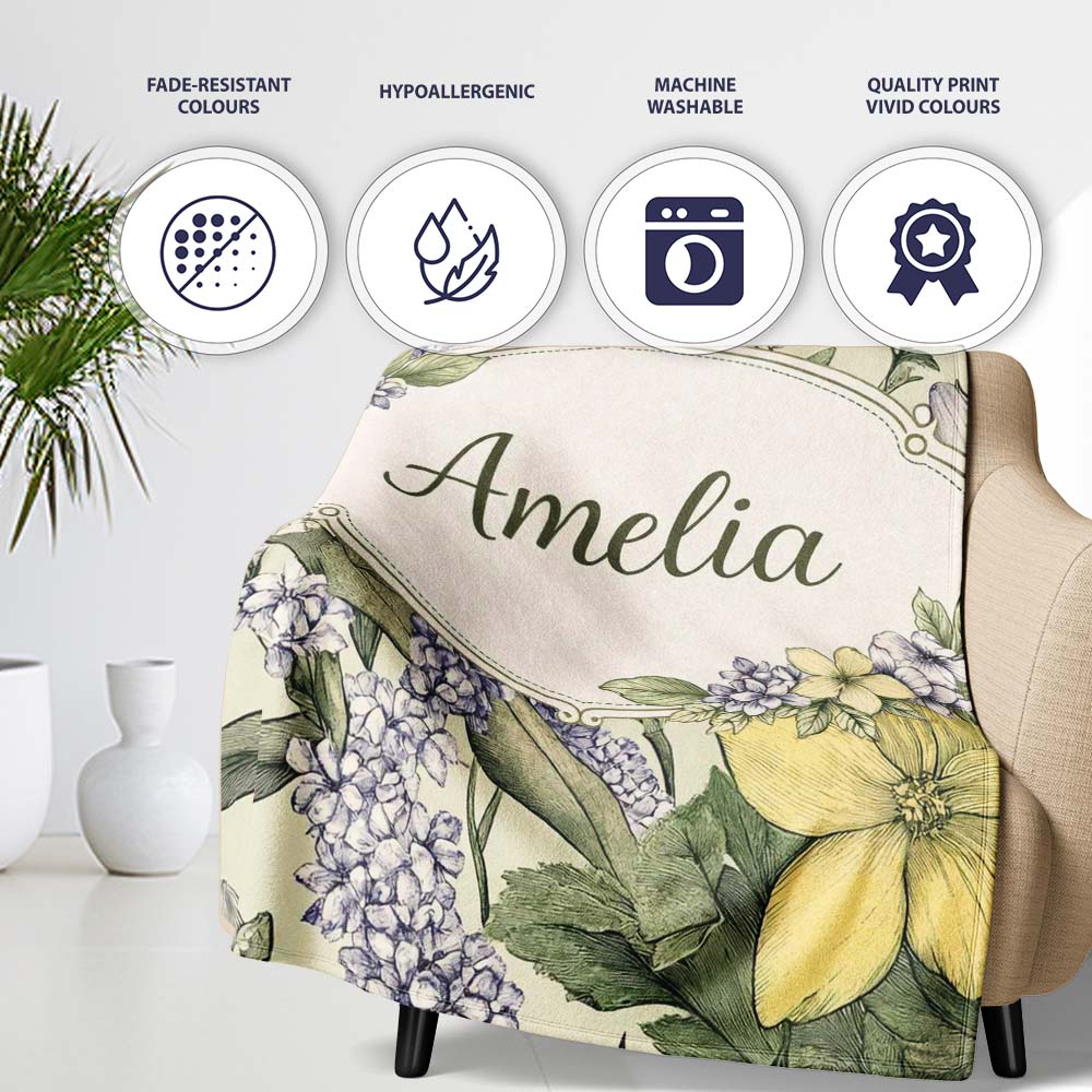 Vintage Botanical Floral Illustration Seamless Pattern Lovely  Personalised Custom Name Super Soft Fleece Blanket Bed Sofa Throw