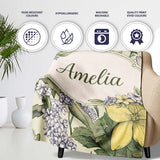 Vintage Botanical Floral Illustration Seamless Pattern Lovely  Personalised Custom Name Super Soft Fleece Blanket Bed Sofa Throw