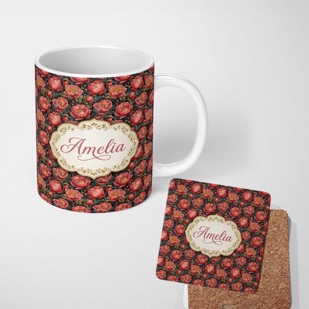 Personalized Custom Name Deep Coral Peony Flowers with Dark Green Leaves Seamless Pattern 11oz Ceramic Coffee Tea Mug White Large Handle