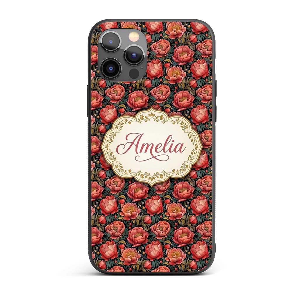 Deep Coral Peony Flowers with Dark Green Leaves Custom Name Protective Phone Case Mobile Cover Durable Everyday Smartphone Shock Resistant