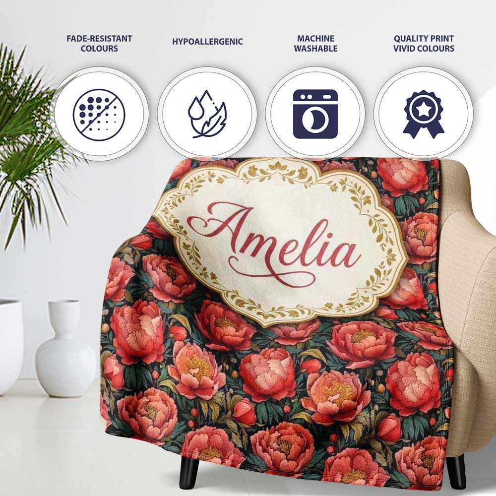 Deep Coral Peony Flowers with Dark Green Leaves Seamless Pattern  Personalised Custom Name Super Soft Fleece Blanket Bed Sofa Throw