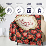 Deep Coral Peony Flowers with Dark Green Leaves Seamless Pattern  Personalised Custom Name Super Soft Fleece Blanket Bed Sofa Throw
