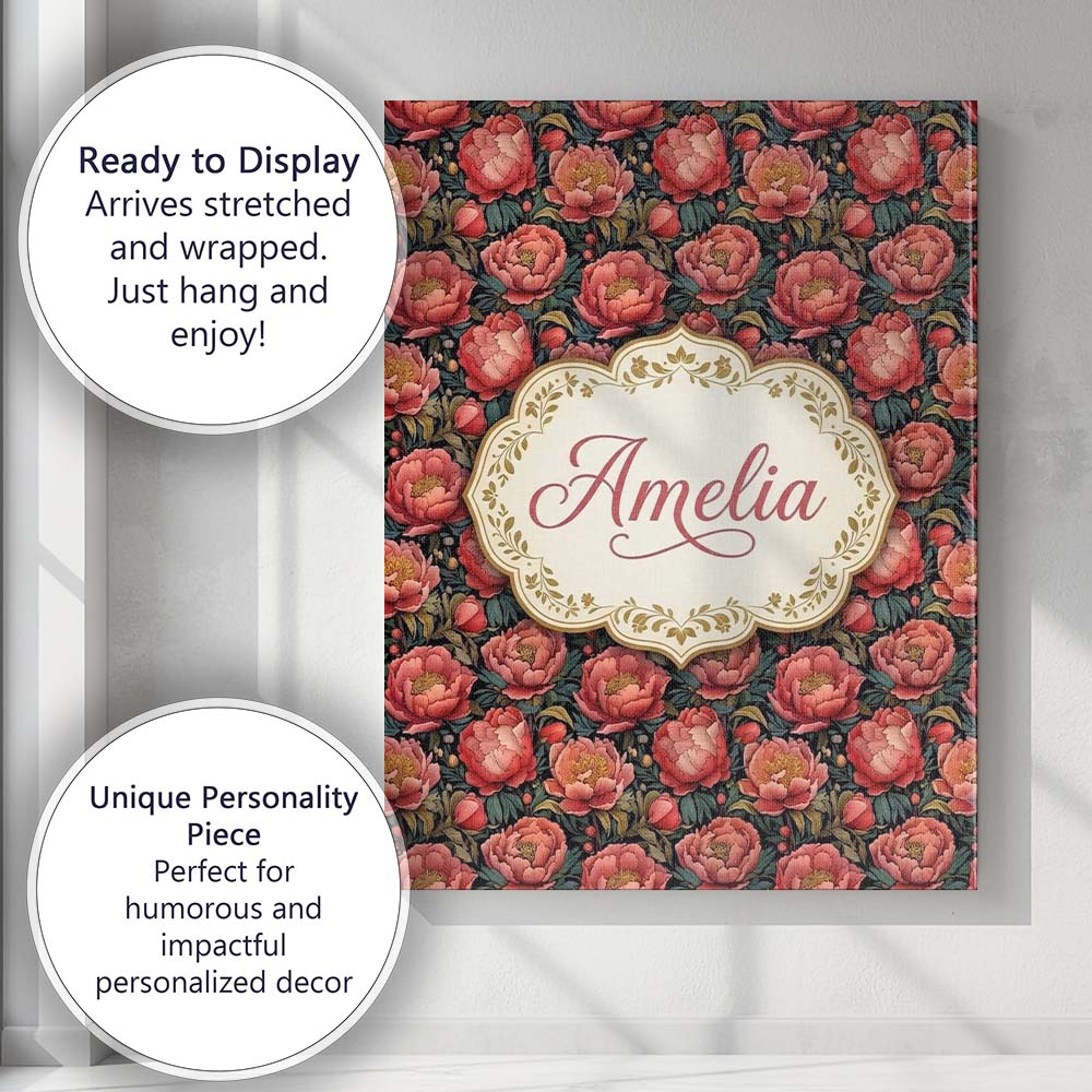 Personalised Name Deep Coral Peony Flowers Custom  Unique Gift Idea Elegant Feature Canvas Wall Art Print Decor Picture Ready to Hang