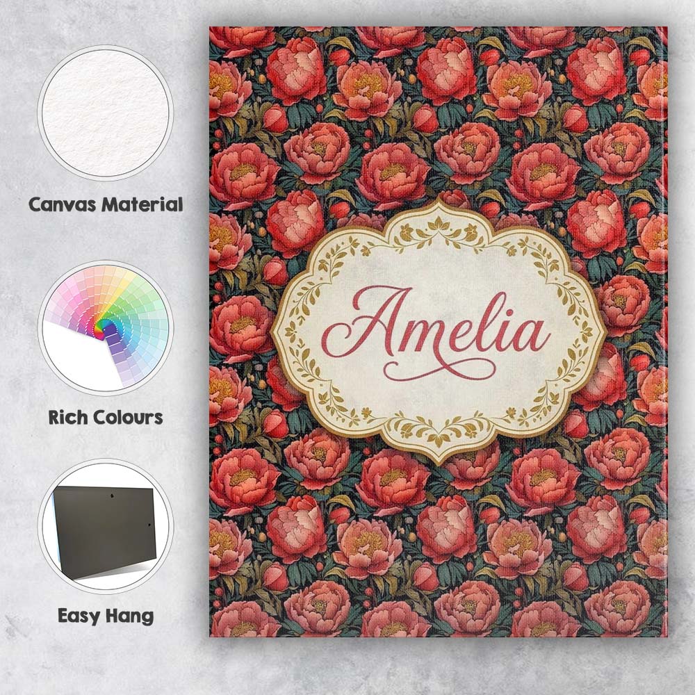Personalised Name Deep Coral Peony Flowers Custom  Unique Gift Idea Elegant Feature Canvas Wall Art Print Decor Picture Ready to Hang