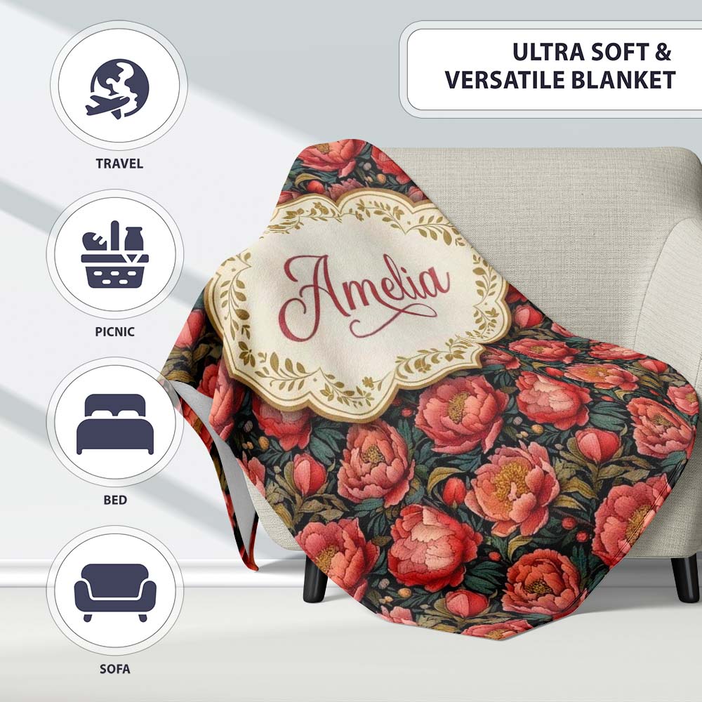 Deep Coral Peony Flowers with Dark Green Leaves Seamless Pattern  Personalised Custom Name Super Soft Fleece Blanket Bed Sofa Throw