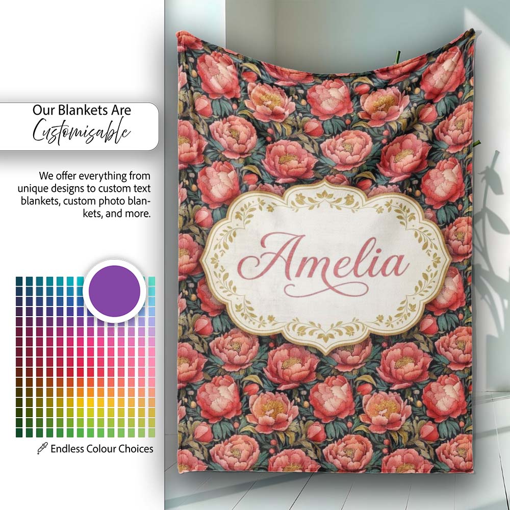 Deep Coral Peony Flowers with Dark Green Leaves Seamless Pattern  Personalised Custom Name Super Soft Fleece Blanket Bed Sofa Throw