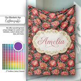 Deep Coral Peony Flowers with Dark Green Leaves Seamless Pattern  Personalised Custom Name Super Soft Fleece Blanket Bed Sofa Throw