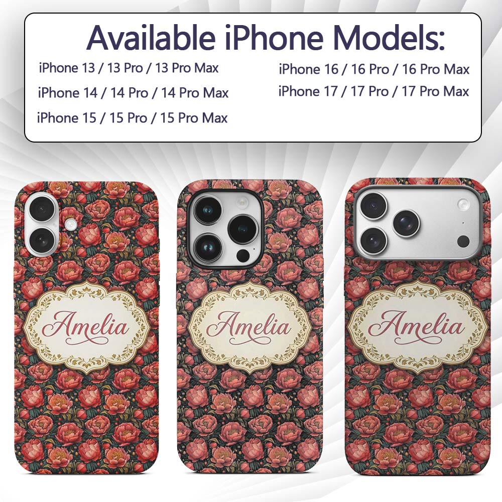 Deep Coral Peony Flowers with Dark Green Leaves Custom Name Protective Phone Case Mobile Cover Durable Everyday Smartphone Shock Resistant