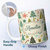 Personalized Custom Name Playful Christmas Trees Candy Canes and Snowflakes Festive Seamless 11oz Ceramic Coffee Tea Mug White Large Handle