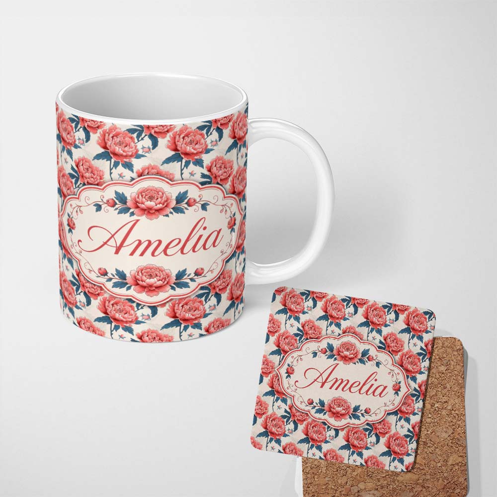 Personalized Custom Name Elegant Coral Peony Flowers with Blue Leaves Soft Beige Seamless 11oz Ceramic Coffee Tea Mug White Large Handle