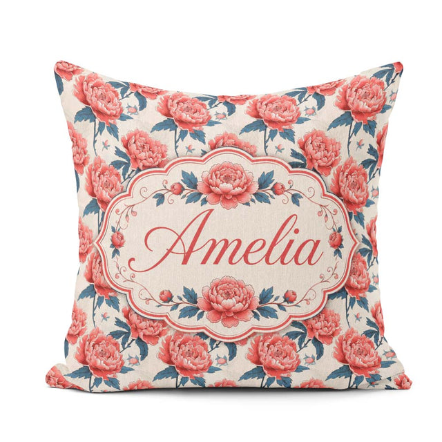Custom Name Elegant Coral Flowers with Blue Leaves Soft Seamless Square Filled Cushion Throw Pillow Sofa Bed Home Decor Zip Washable UK Made