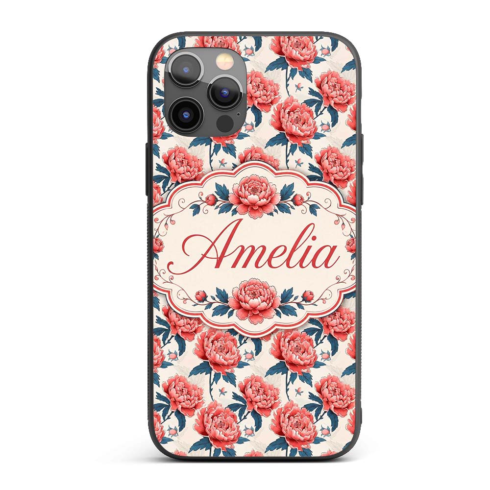 Elegant Coral Peony Flowers with Blue Leaves Soft Custom Name Protective Phone Case Mobile Cover Durable Everyday Smartphone Shock Resistant