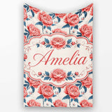 Elegant Coral Peony Flowers with Blue Leaves Soft Beige Seamless  Personalised Custom Name Super Soft Fleece Blanket Bed Sofa Throw