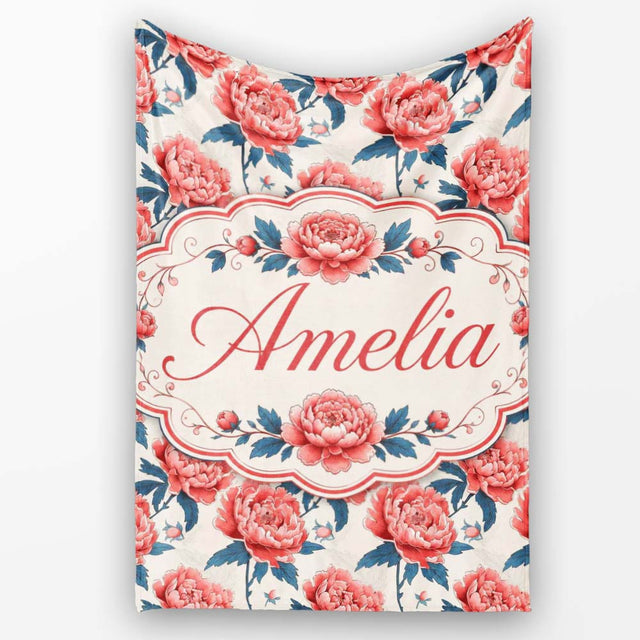 Elegant Coral Peony Flowers with Blue Leaves Soft Beige Seamless  Personalised Custom Name Super Soft Fleece Blanket Bed Sofa Throw
