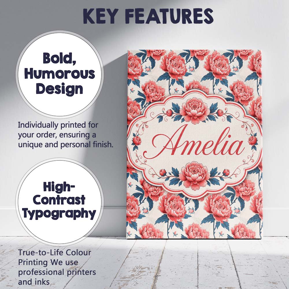 Personalised Name Elegant Coral Peony Custom Modern Room Accent Creative Decorator Style Canvas Wall Art Print Decor Picture Ready to Hang