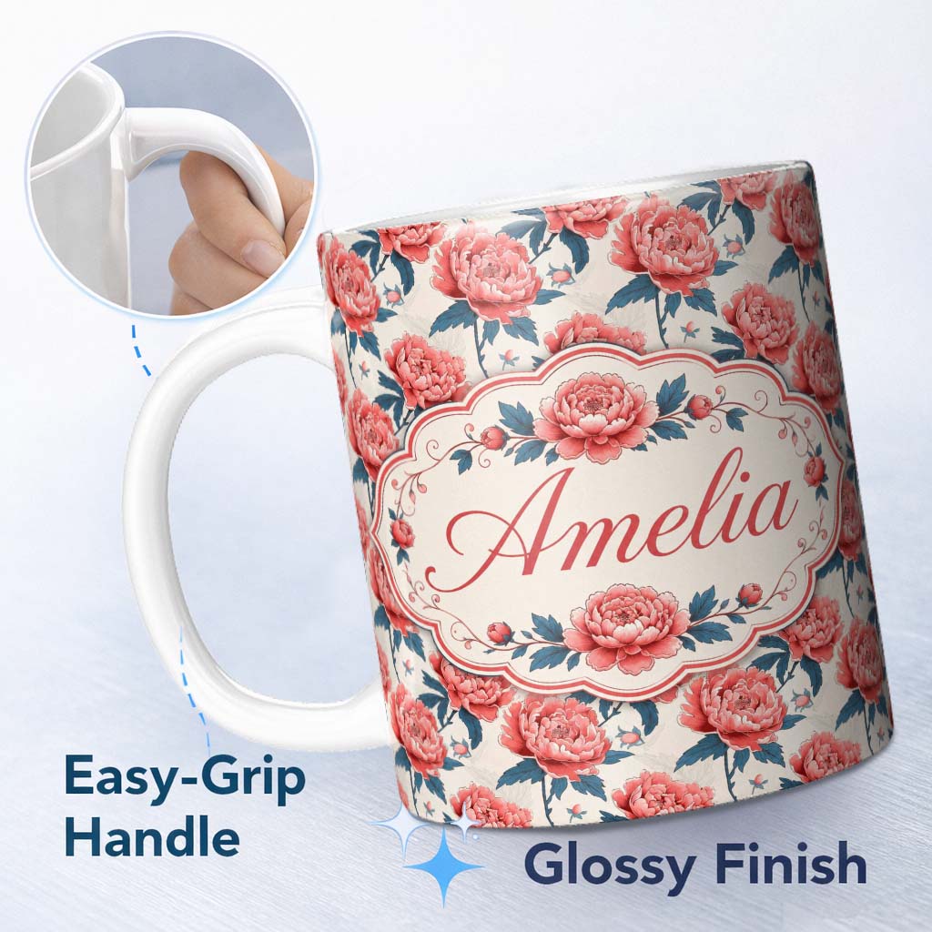 Personalized Custom Name Elegant Coral Peony Flowers with Blue Leaves Soft Beige Seamless 11oz Ceramic Coffee Tea Mug White Large Handle