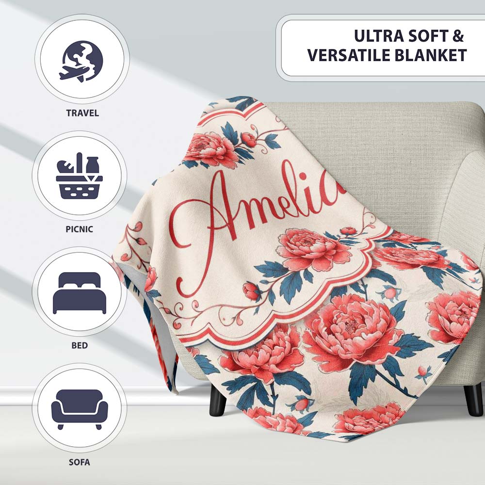 Elegant Coral Peony Flowers with Blue Leaves Soft Beige Seamless  Personalised Custom Name Super Soft Fleece Blanket Bed Sofa Throw