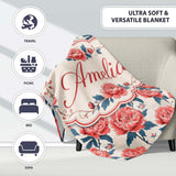 Elegant Coral Peony Flowers with Blue Leaves Soft Beige Seamless  Personalised Custom Name Super Soft Fleece Blanket Bed Sofa Throw