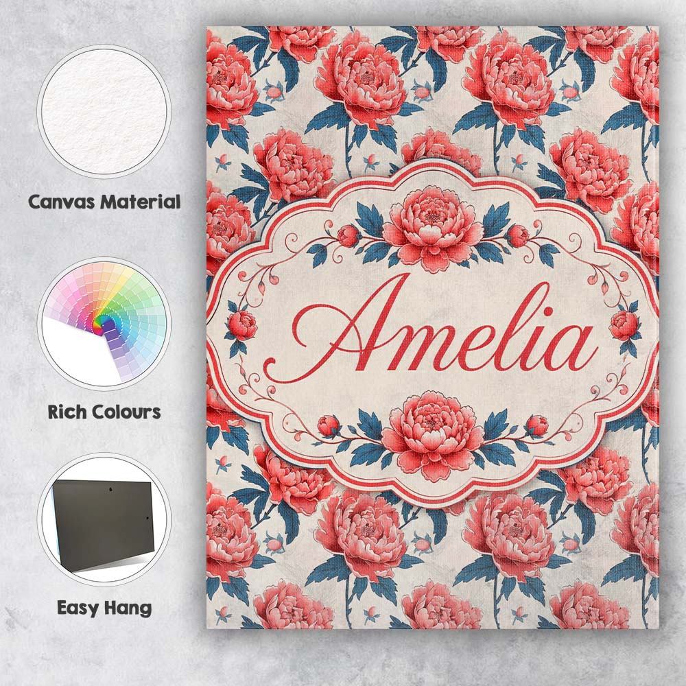 Personalised Name Elegant Coral Peony Custom Modern Room Accent Creative Decorator Style Canvas Wall Art Print Decor Picture Ready to Hang