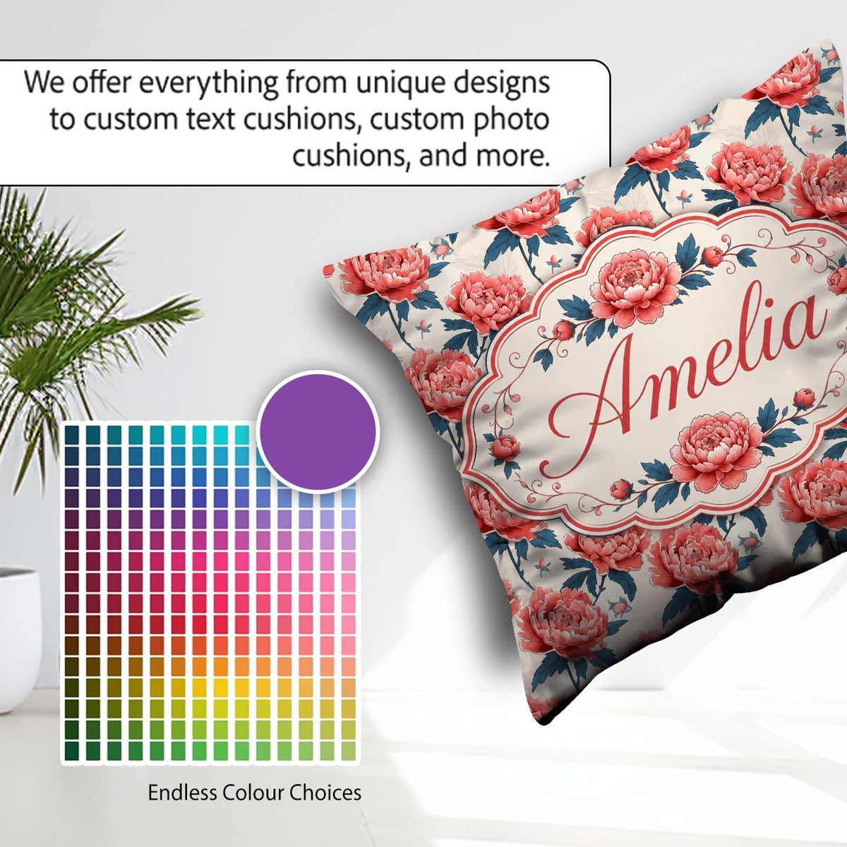 Custom Name Elegant Coral Flowers with Blue Leaves Soft Seamless Square Filled Cushion Throw Pillow Sofa Bed Home Decor Zip Washable UK Made