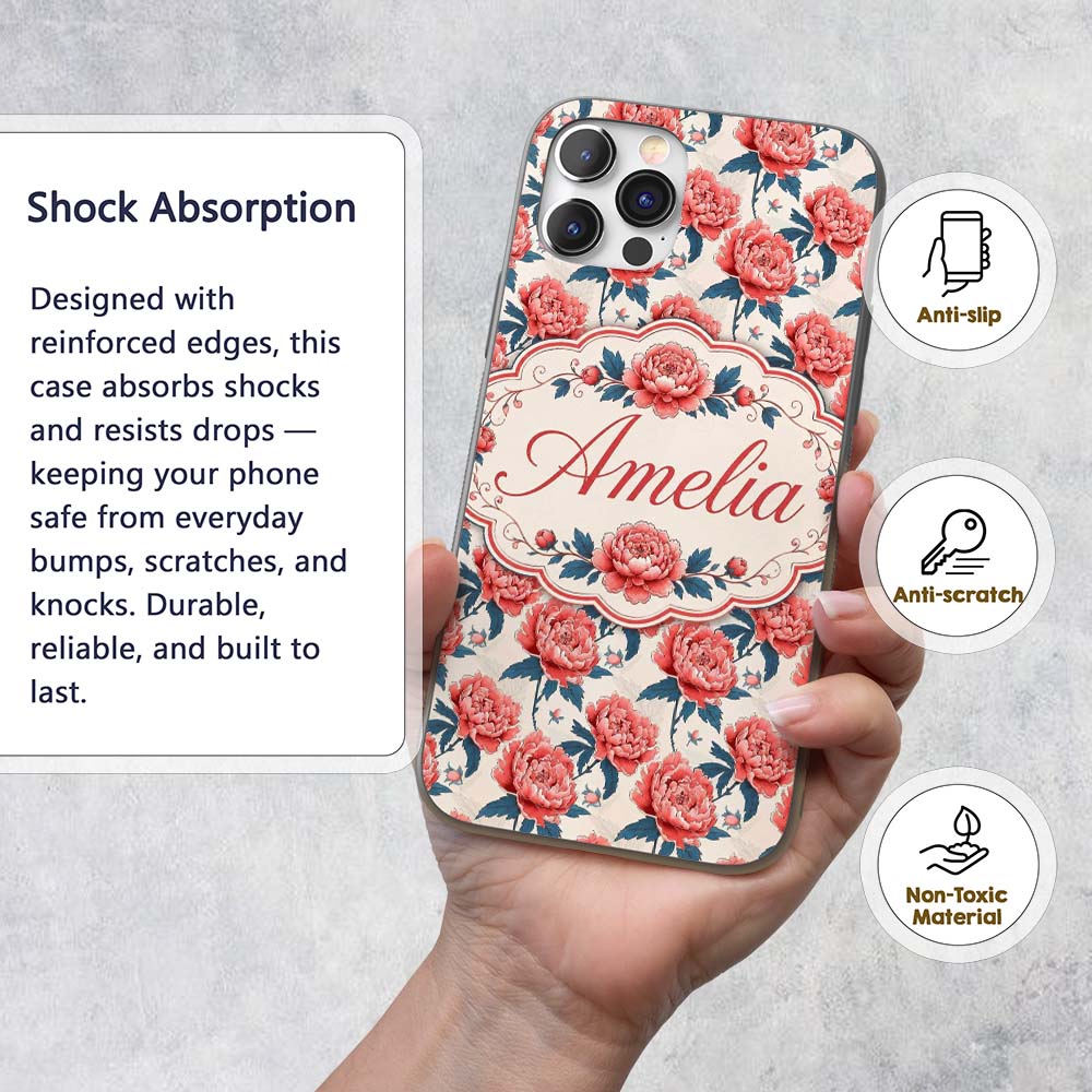 Elegant Coral Peony Flowers with Blue Leaves Soft Custom Name Protective Phone Case Mobile Cover Durable Everyday Smartphone Shock Resistant