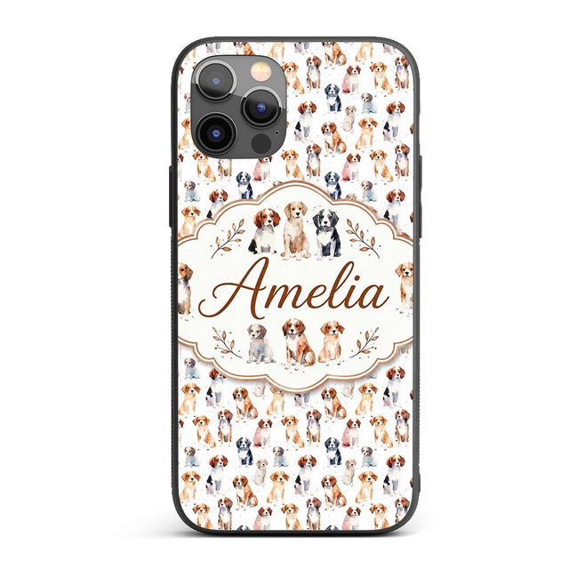 Cute Watercolor Puppy Dogs on White Background Custom Name Protective Phone Case Mobile Cover Durable Everyday Smartphone Shock Resistant