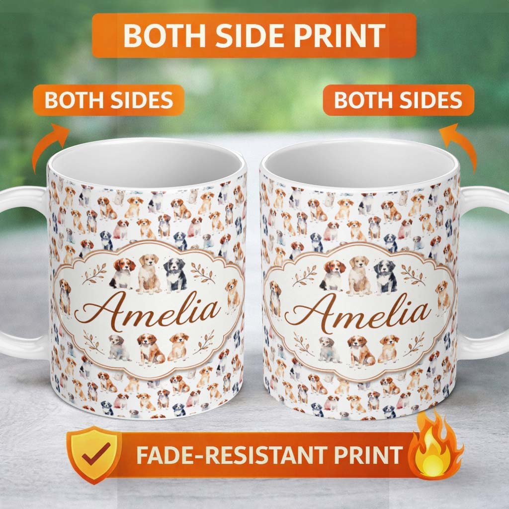 Personalized Custom Name Cute Watercolor Puppy Dogs on White Background Seamless Pattern Name 11oz Ceramic Coffee Tea Mug White Large Handle